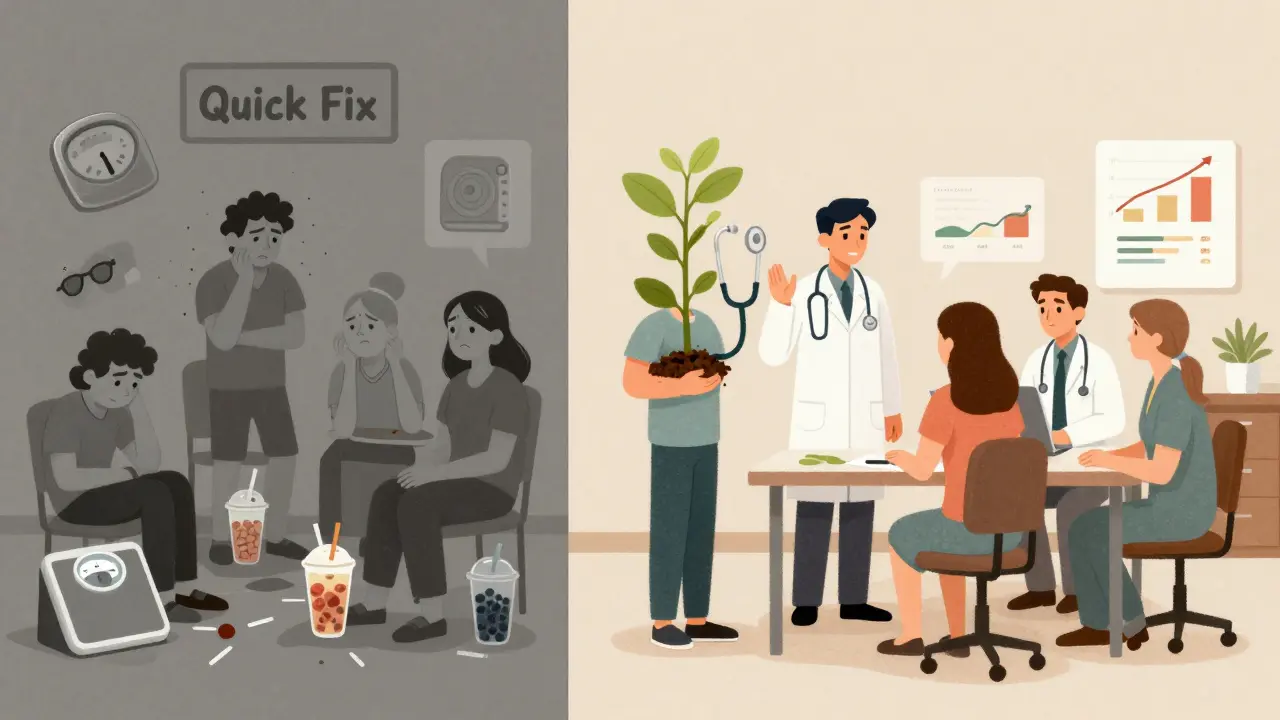 Contrast between chaotic diet culture and structured medical weight management with growing plant symbolizing sustainable health.