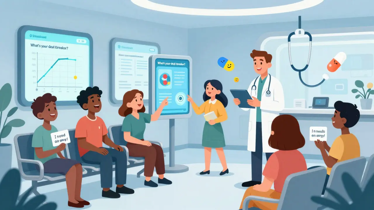 Diverse patients in a clinic using interactive tools to identify personal deal-breakers in medication choices.