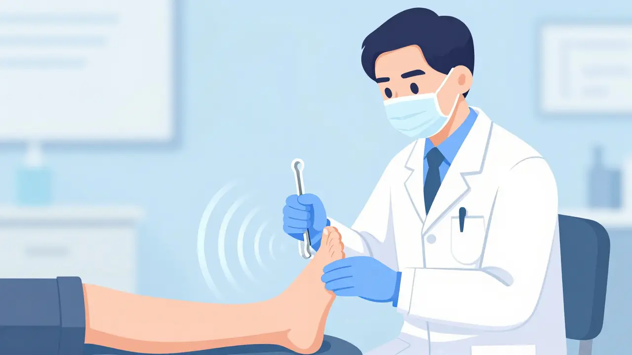 Healthcare professional using a tuning fork on a patient's foot with vibration waves.