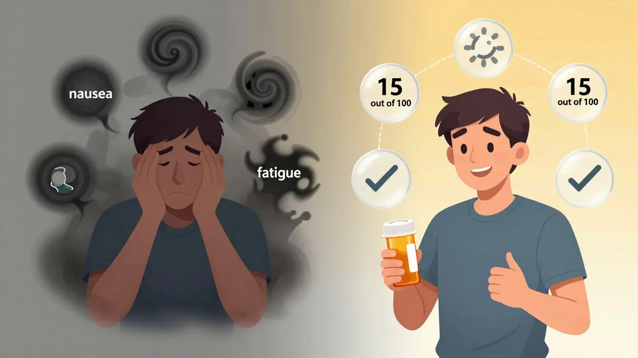 Patient transitioning from confusion about vague side effects to clarity through simple, numbered risk visuals.