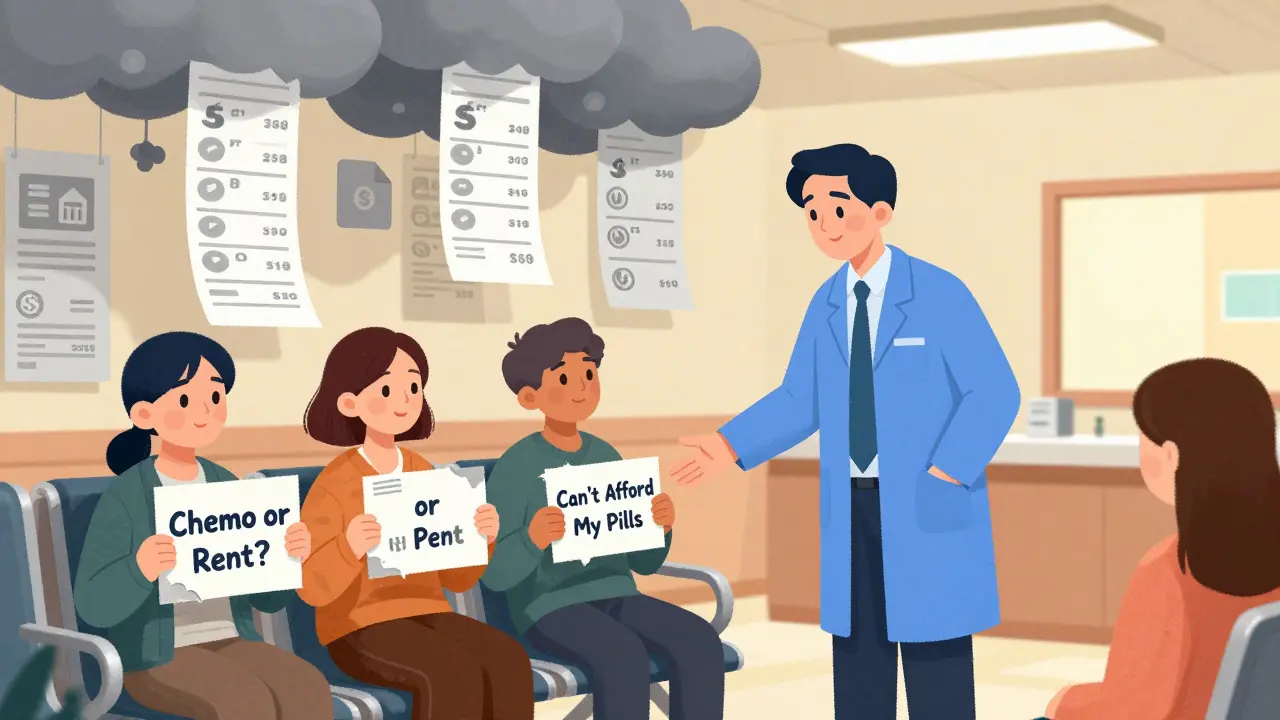 Patients in a hospital waiting room holding signs about unaffordable care, helped by a financial navigator.