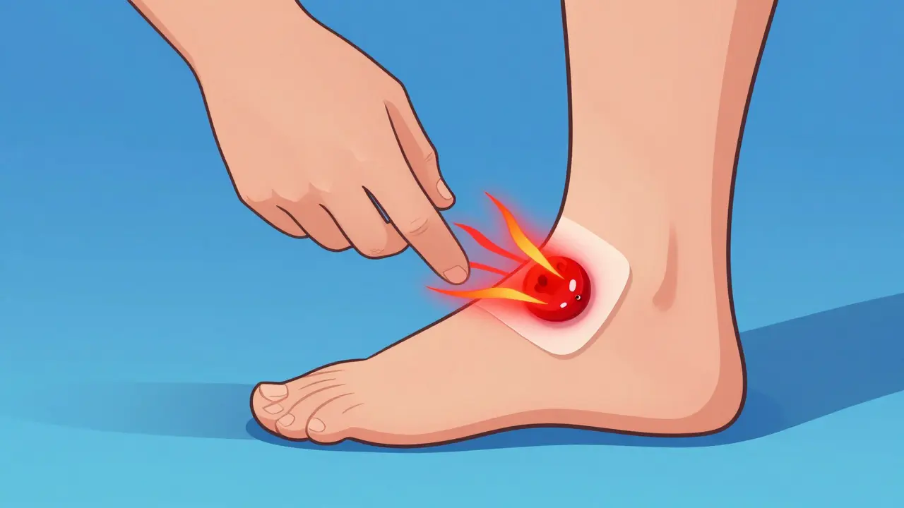 Person applying Qutenza patch with glowing capsaicin heat waves turning into blue relief.