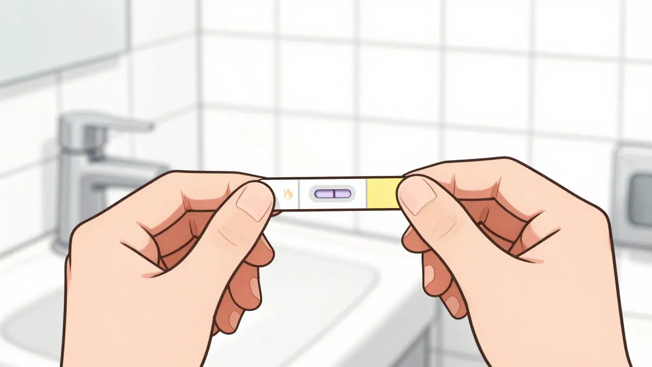 Person using ketone test strip in bathroom to monitor health.