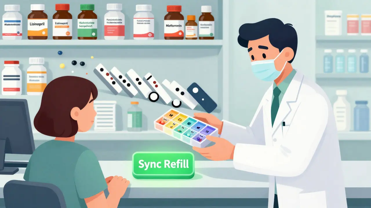 Pharmacist handing a patient a color-coded pill organizer, while uncoordinated pill bottles tumble behind them.