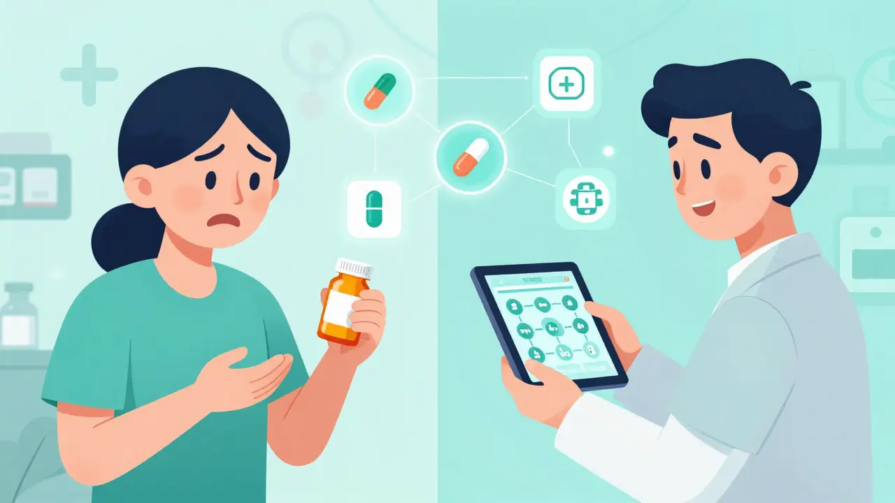 Pharmacist showing digital drug transition tracking system to patient
