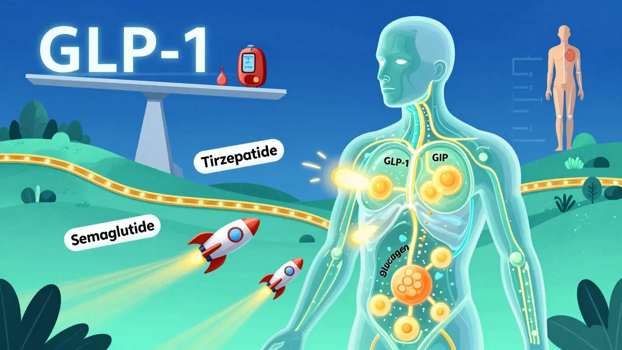 Stylized human body with glowing hormone pathways and medication rockets enhancing fat metabolism and improving health markers.