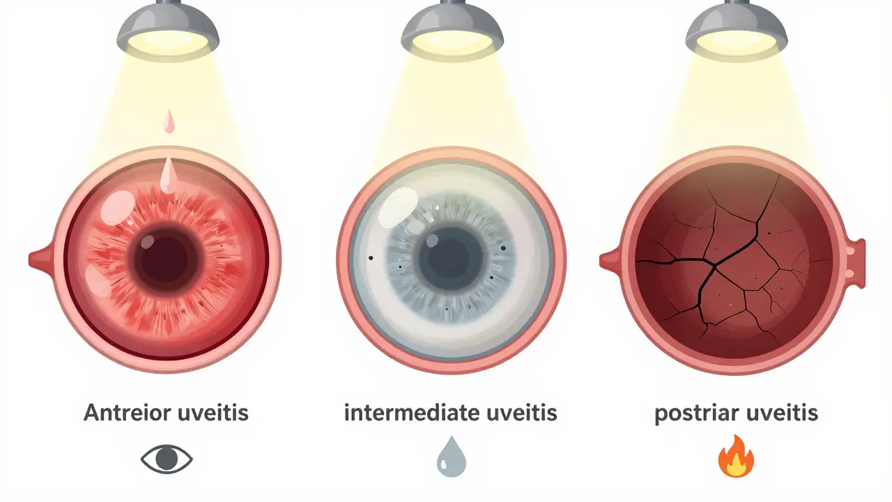 Three side-by-side eye diagrams representing anterior, intermediate, and posterior uveitis with distinct symptoms.