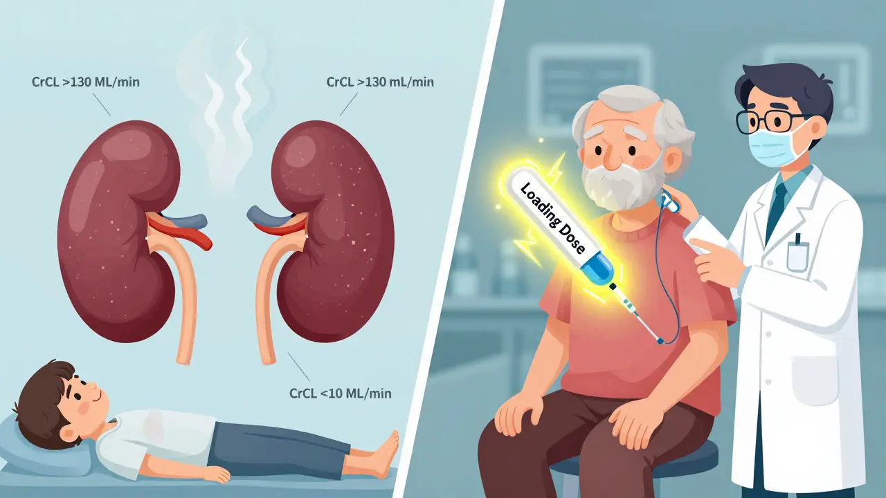 Two patients: one with overactive kidneys receiving too little drug, another with failing kidneys receiving precise slow-dose treatment.