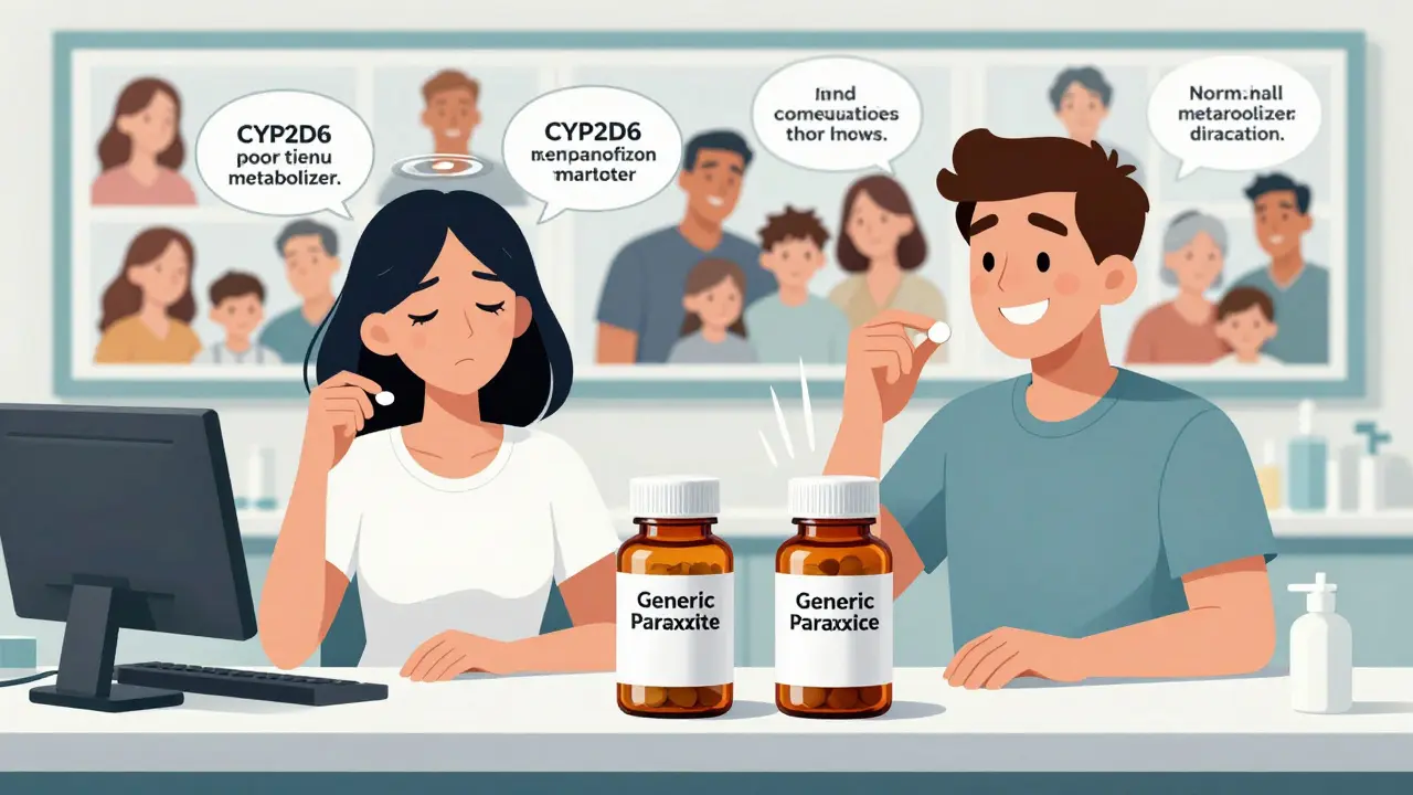 Two people taking the same generic pill — one with dizziness from slow metabolism, another thriving — surrounded by a family history wall of drug reactions.