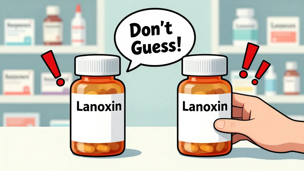 Two similar-looking pill bottles labeled 'Lanoxin' with warning signs highlighting medication mix-up risks.