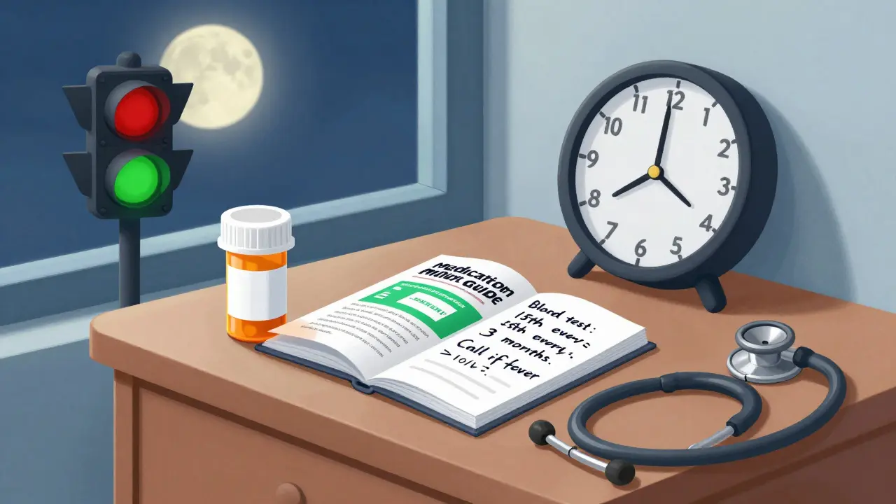 A bedside table shows a highlighted Medication Guide, handwritten monitoring notes, and a traffic light system under moonlight.