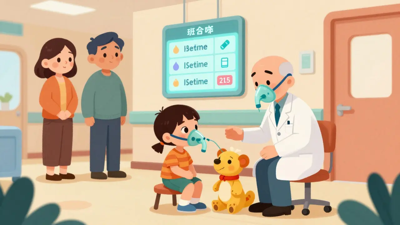 A child life specialist using a puppet to explain surgery to a child with parents watching warmly.