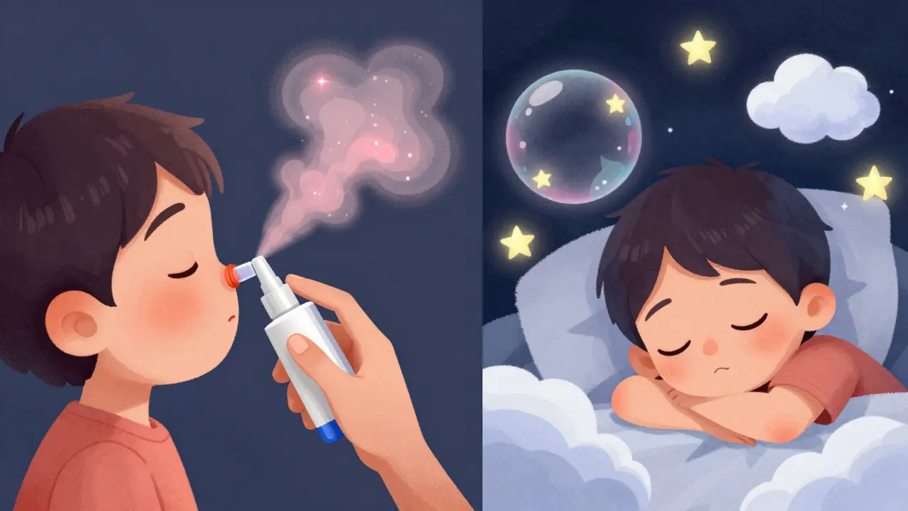 A child peacefully asleep with dreamy bubbles around them after receiving nasal medication.