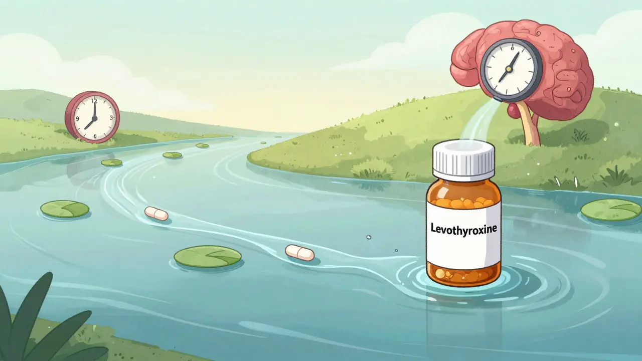A levothyroxine pill dissolving over six weeks, releasing hormones toward a pituitary gland.
