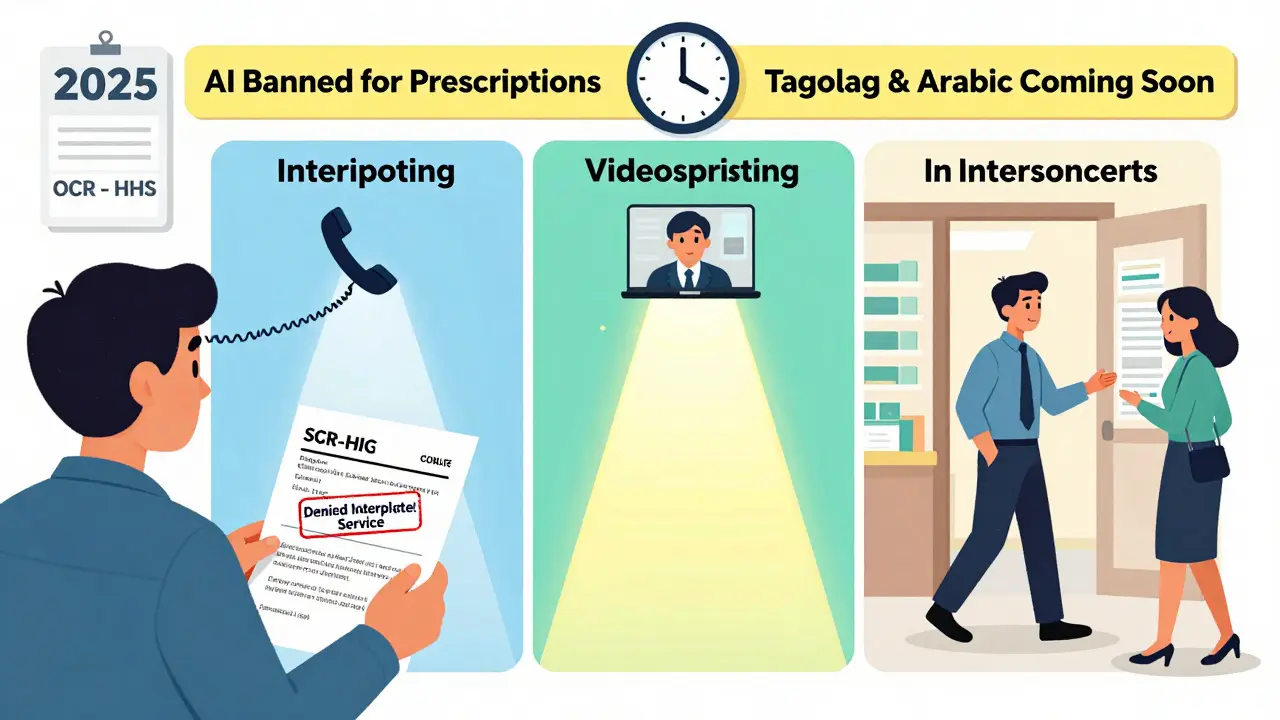 A patient filing a complaint about denied interpreter services, with three interpreter service options glowing beside them, leading toward 2025 language expansions.