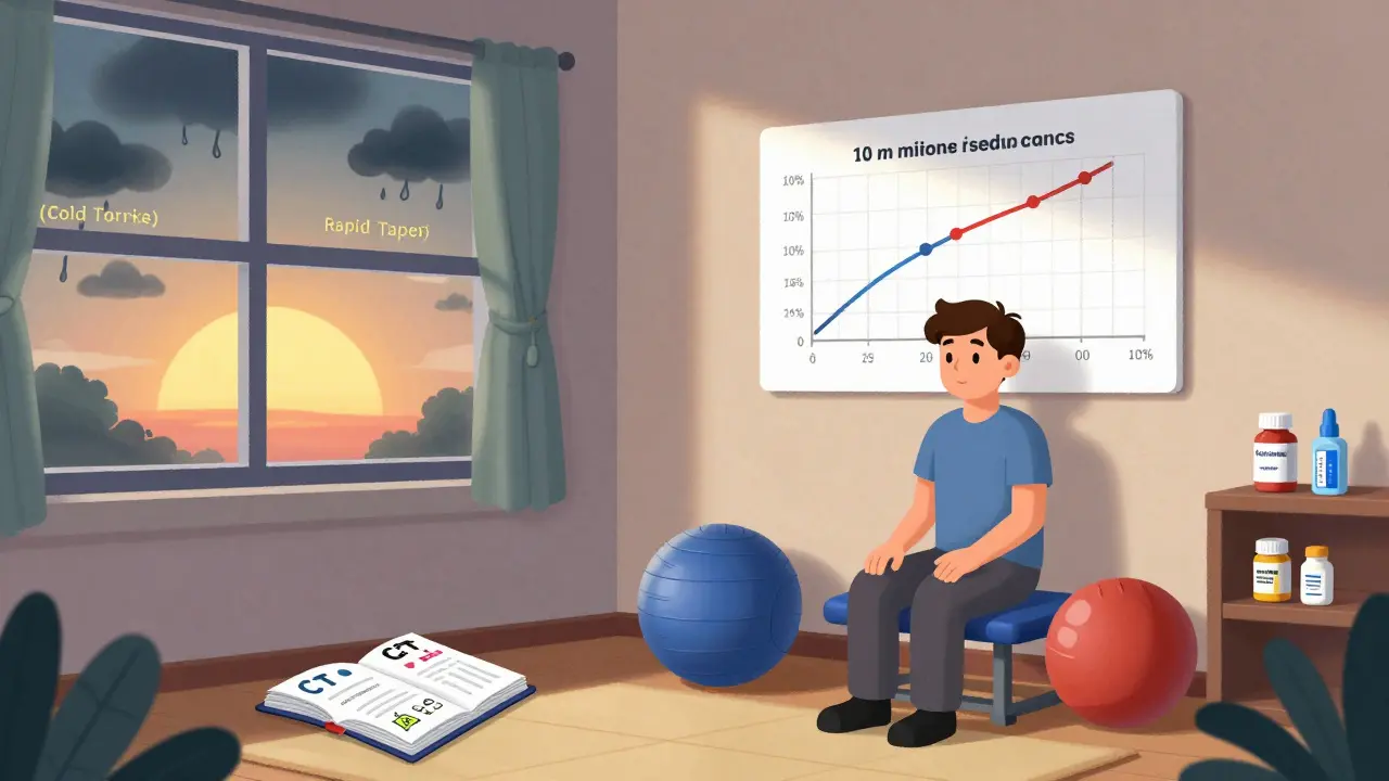 A patient supported by therapy tools, medications, and sunrise, with a slow dose-reduction chart in the background.