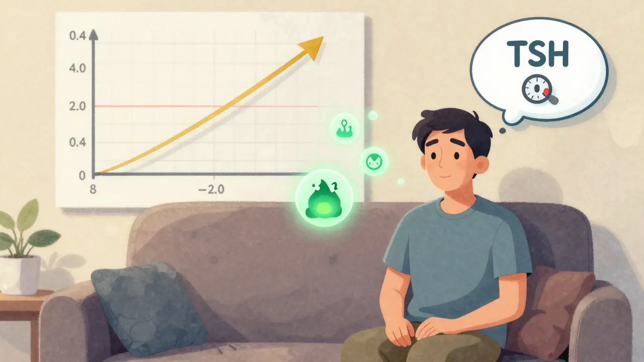 A patient with a TSH thermostat thought bubble showing optimal levels in green.