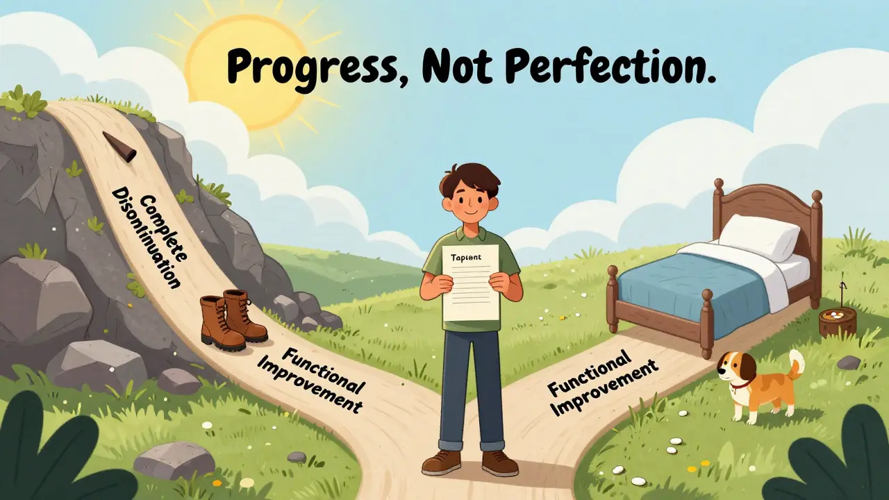 A person choosing a gentle path to functional improvement over opioids, with supportive symbols and a signed plan.