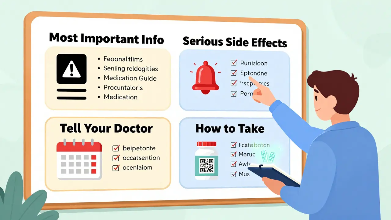 A pharmacist explains a wall-sized Medication Guide flowchart with visual sections and a glowing QR code on a pill bottle.