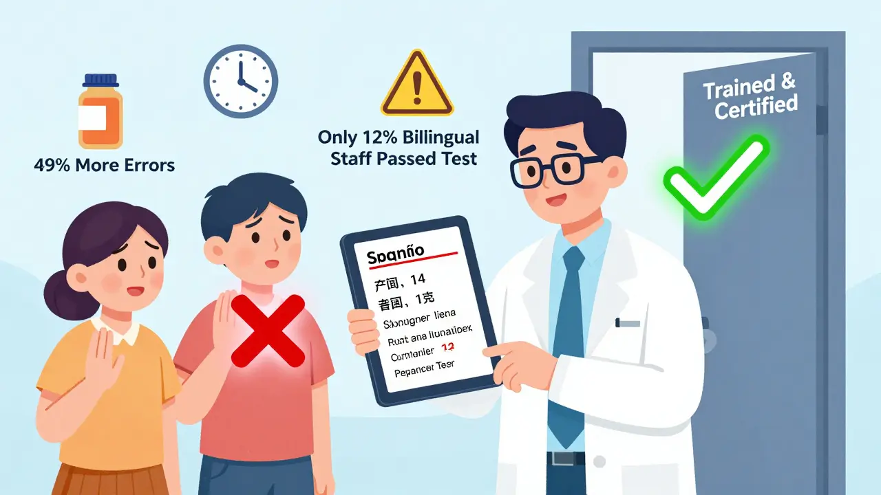 A pharmacist showing translated medication labels while a family member's interpretation is marked with a red X, and a certified interpreter enters with a green checkmark.