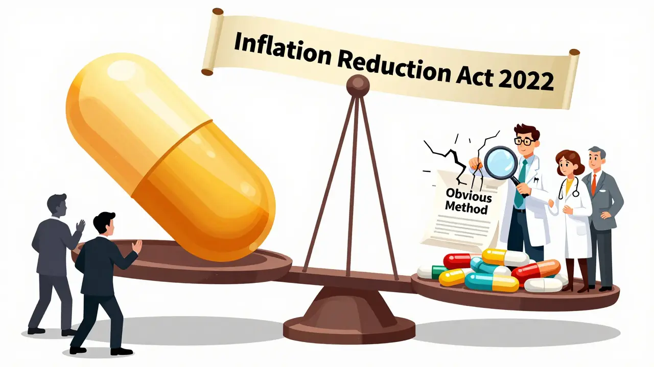A scale tips toward affordable generics as a cracked patent is examined, with shadowy figures adding more patents.