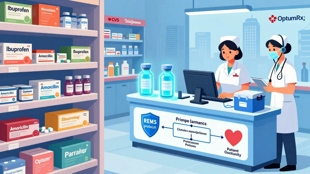 A side-by-side comparison of a regular pharmacy shelf and a high-tech specialty pharmacy station with climate-controlled vials and clinical support systems.