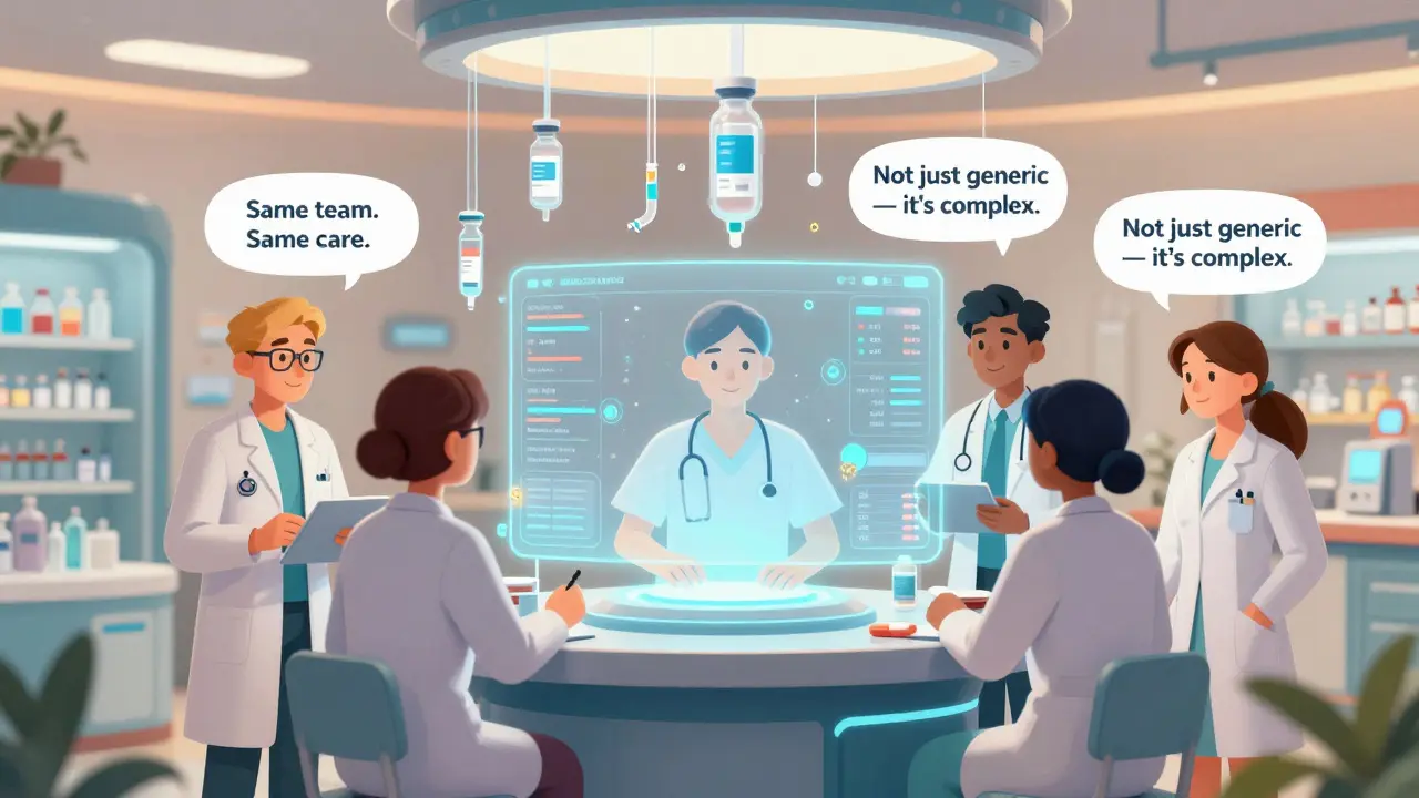 A team of healthcare providers manage patient care using a holographic dashboard tracking biosimilar drug delivery and treatment progress.