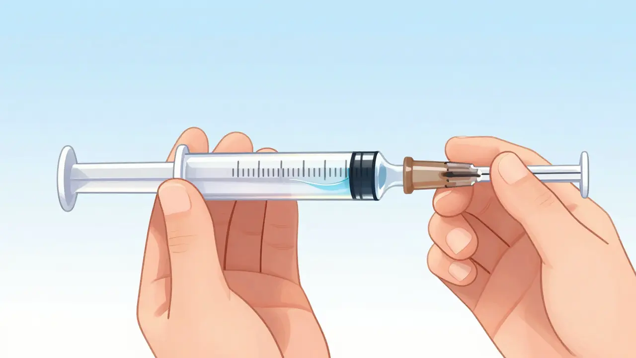 Cartoon close-up of eyes aligned with liquid level in a syringe for accurate measurement
