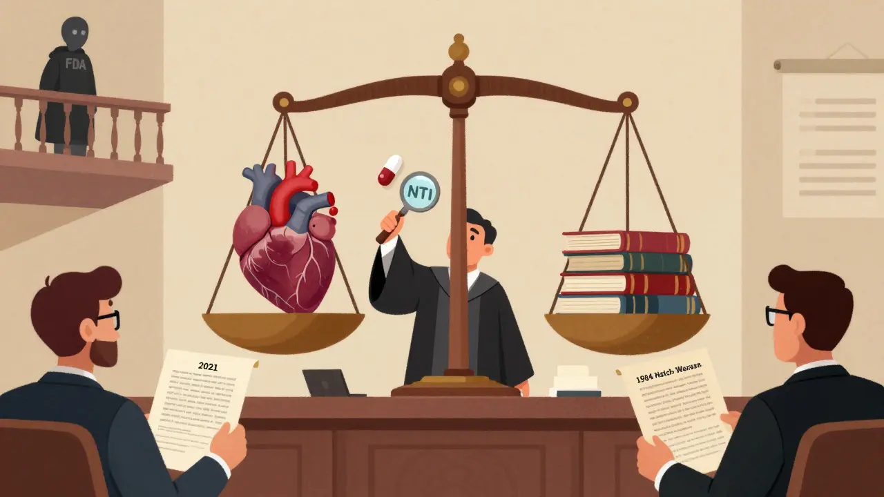 Courtroom scale balancing patient safety against state laws, with FDA observer and legal documents.