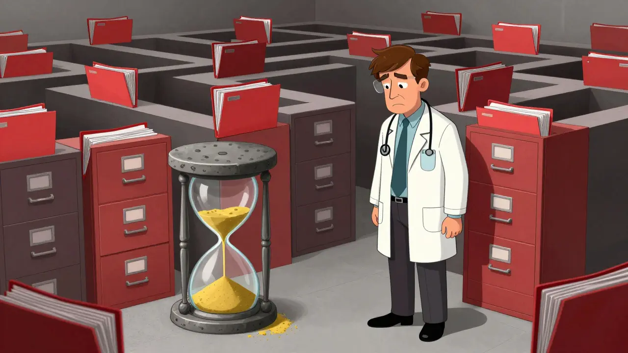 Doctor facing maze of red folders and hourglass showing time pressure