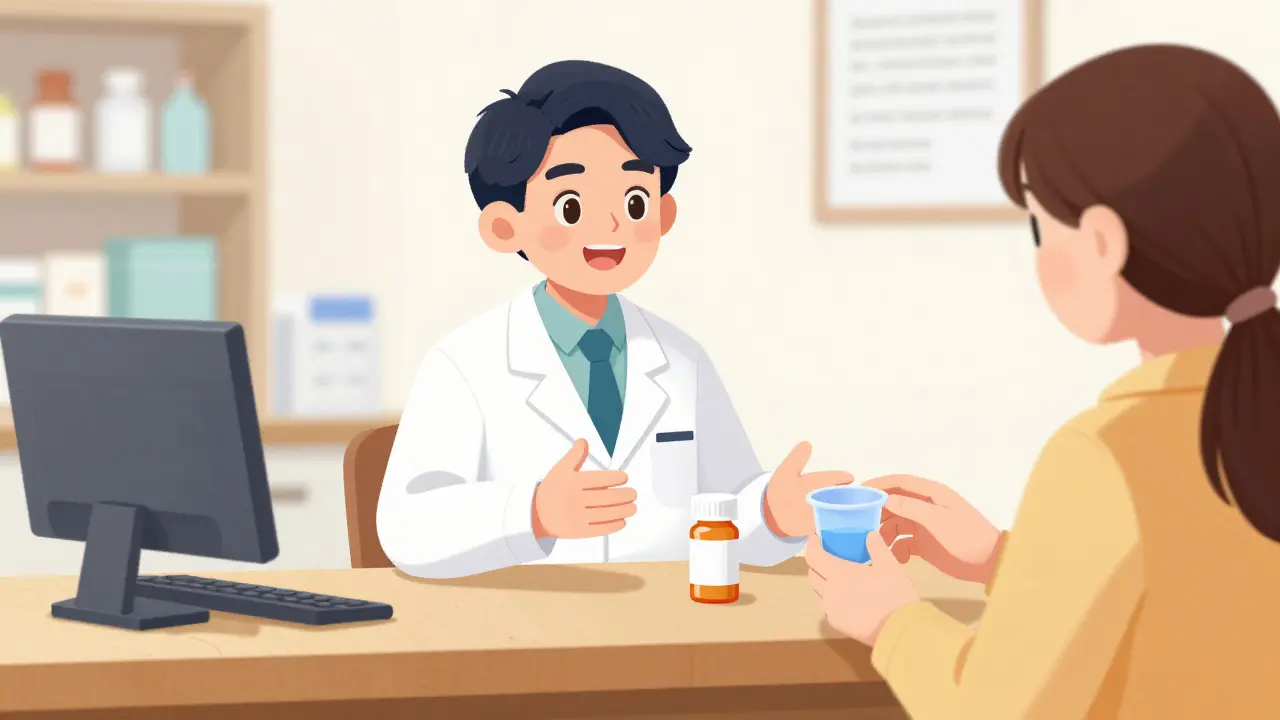 Friendly pharmacist guiding a parent on using the correct liquid medicine dosing tool