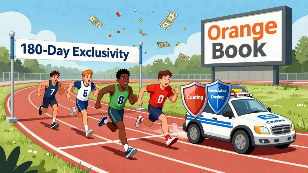 Generic drug companies race for 180-day market exclusivity while brand firms block them with patent shields.