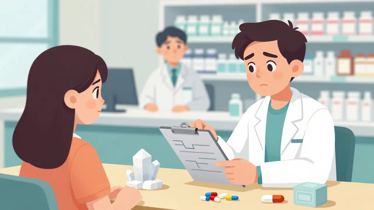 Patient discussing medication allergens with pharmacist at a counter