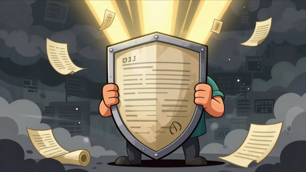 Patient holding document shield deflecting storm clouds of bureaucracy