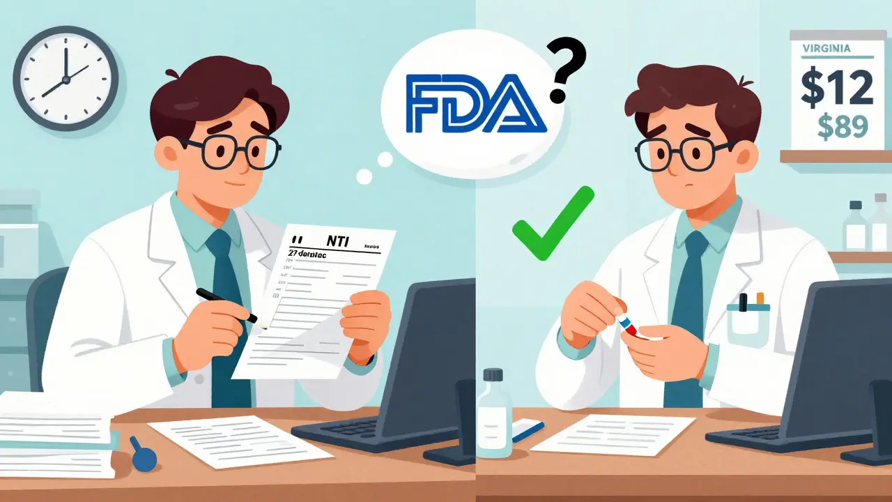 Split scene: pharmacist in Kentucky checking NTI list vs. pharmacist in Virginia swapping generic drug with price difference.