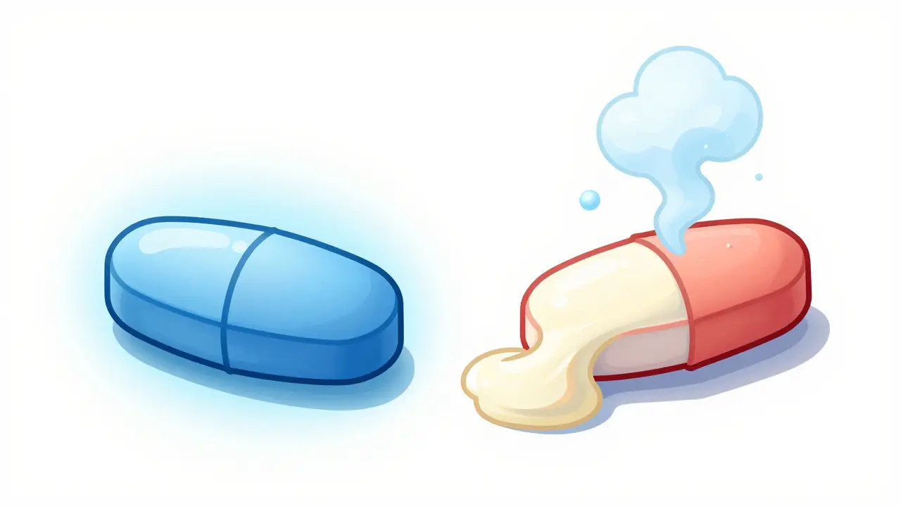 Two identical pills emitting different vapor clouds representing filler variations