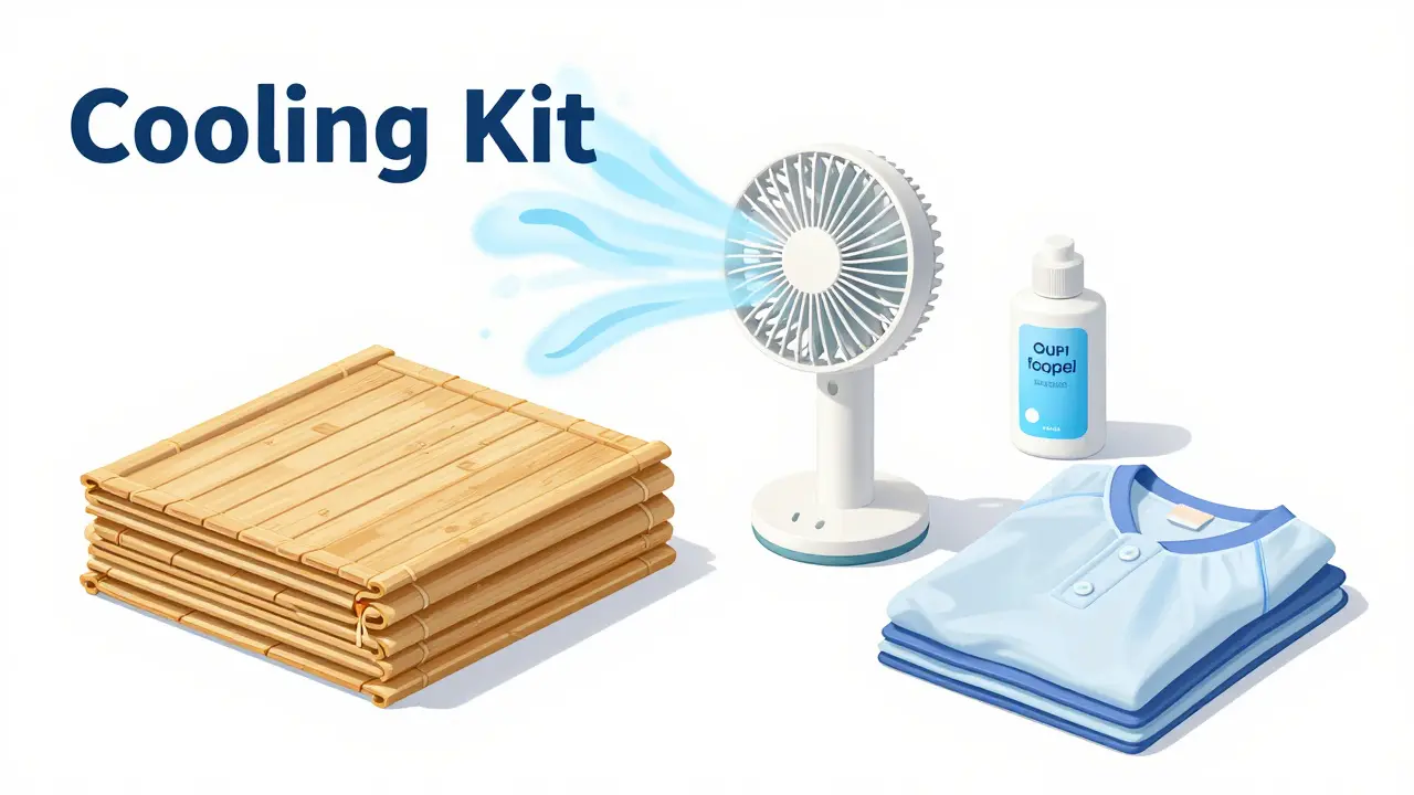 A collection of cooling tools including a fan, bamboo sheets, and light clothing