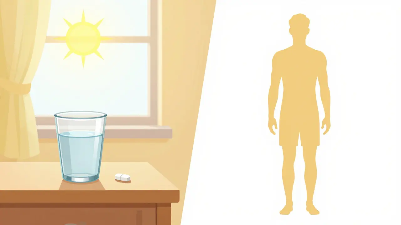 A morning routine showing a glass of water and a tablet by a sunny window.