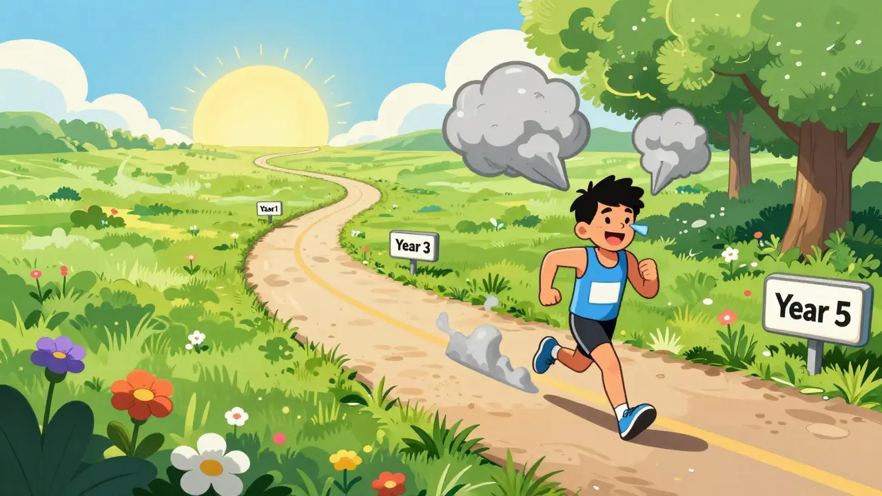 Character jogging on a path toward a sunny horizon, passing yearly milestones toward allergy remission.