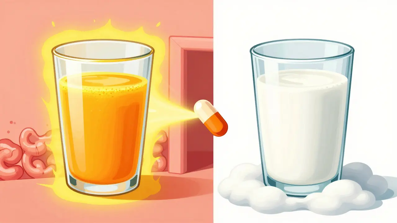 Comparison art showing orange juice aiding iron absorption while milk blocks it.