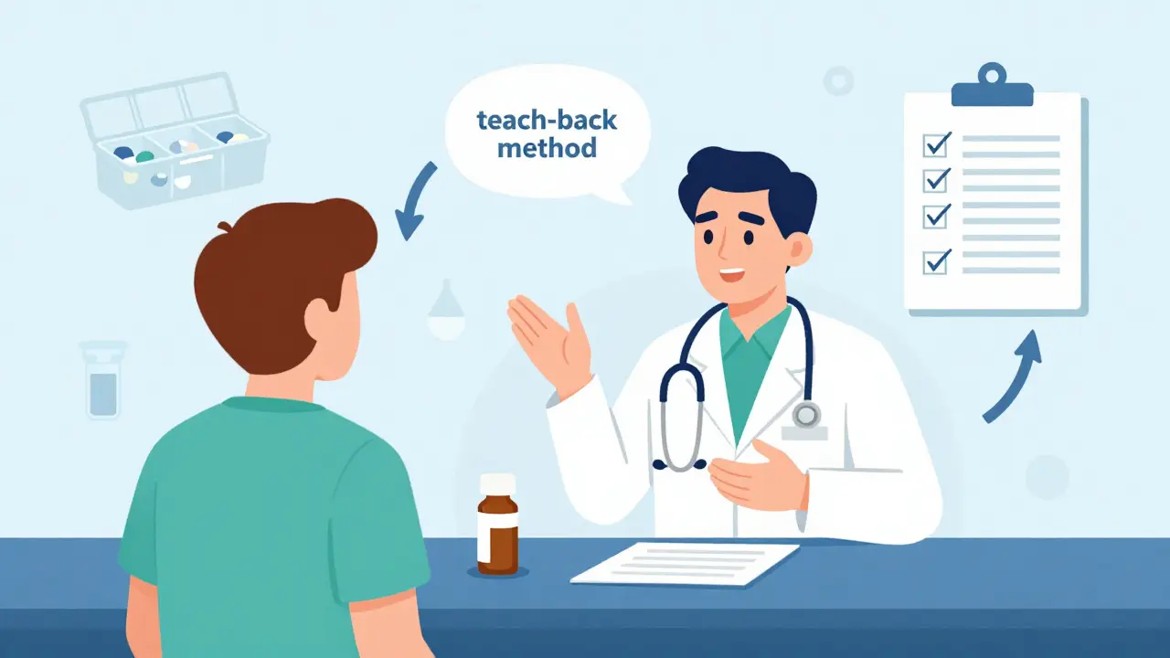 Concept art showing a patient demonstrating their understanding of medication to a pharmacist.