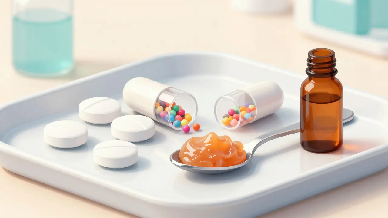 Concept art showing generic tablets, sprinkle capsules with applesauce, and liquid medication.