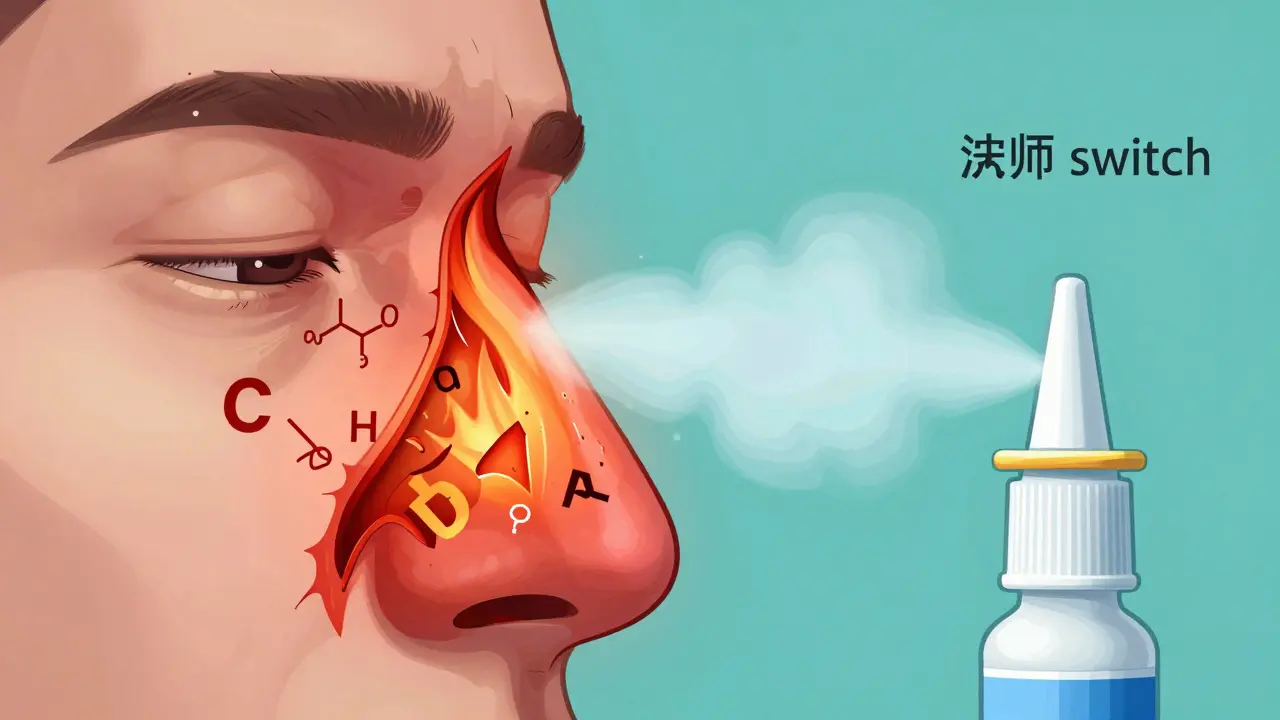Conceptual art showing a nasal passage transitioning from red inflammation to a clear, blue-toned state.
