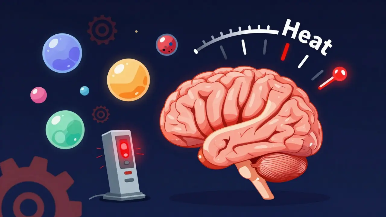 Conceptual illustration of the hypothalamus acting as an overheating thermostat