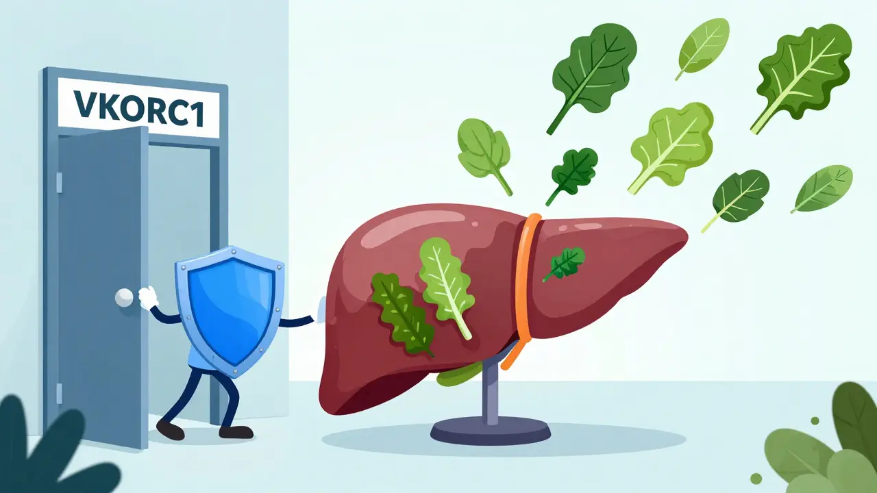 Conceptual illustration of Warfarin blocking vitamin K in the liver