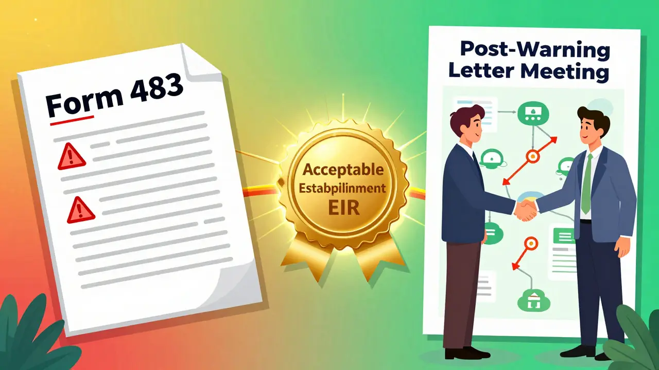 Conceptual illustration showing the transition from an FDA 483 notice to a gold seal of compliance