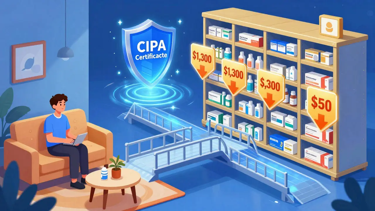 Digital connection between a home and a secure online pharmacy with low prices.