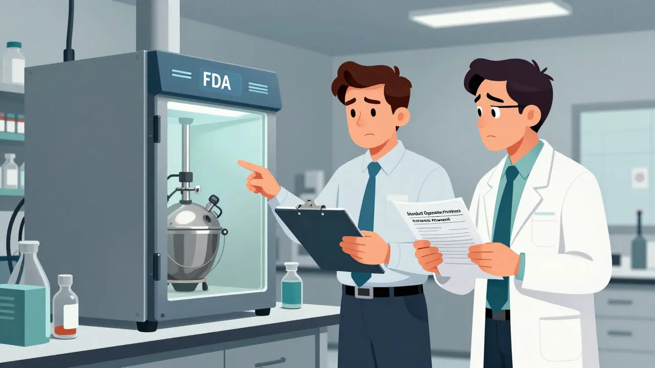 FDA investigator auditing equipment and SOPs in a drug manufacturing lab