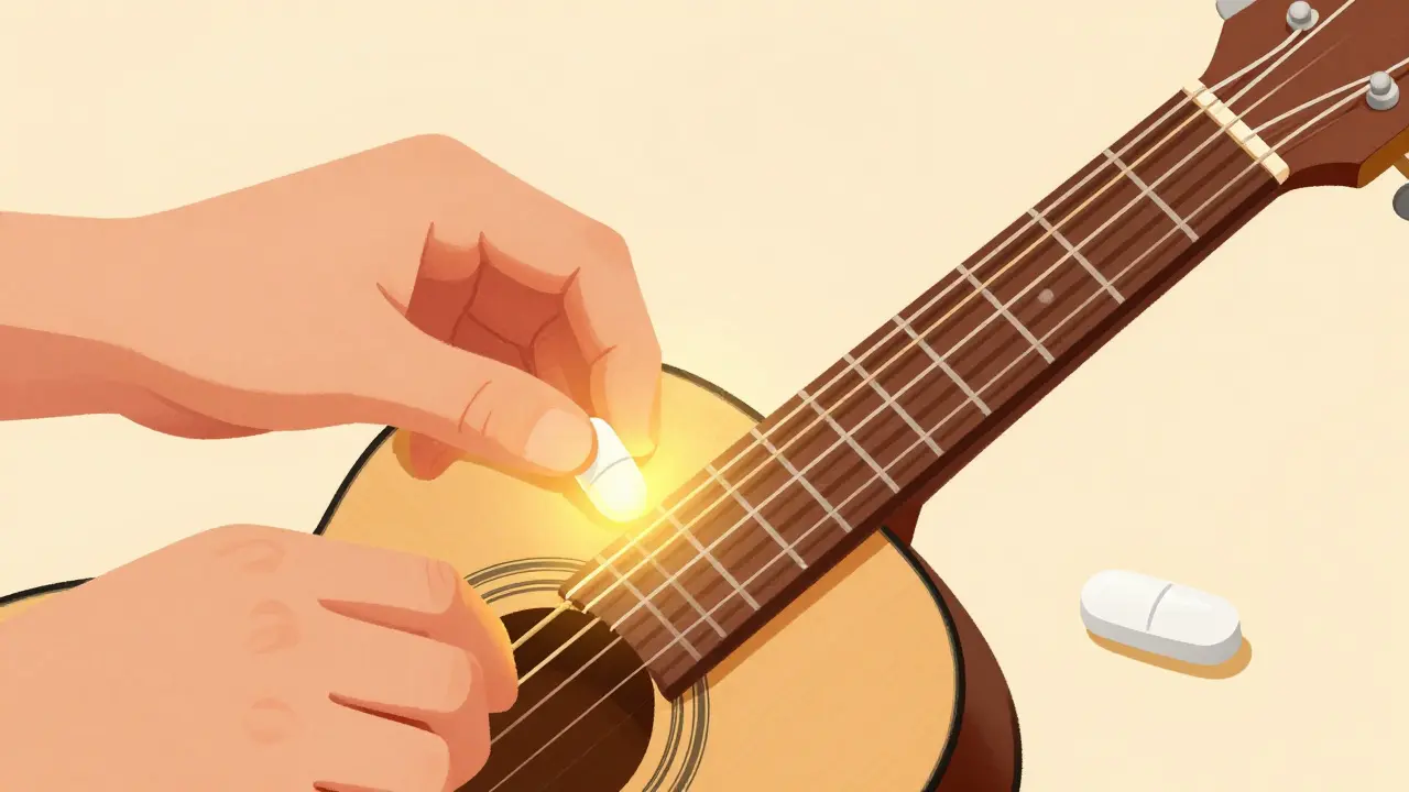 Hands tuning a golden guitar string to represent medical stability