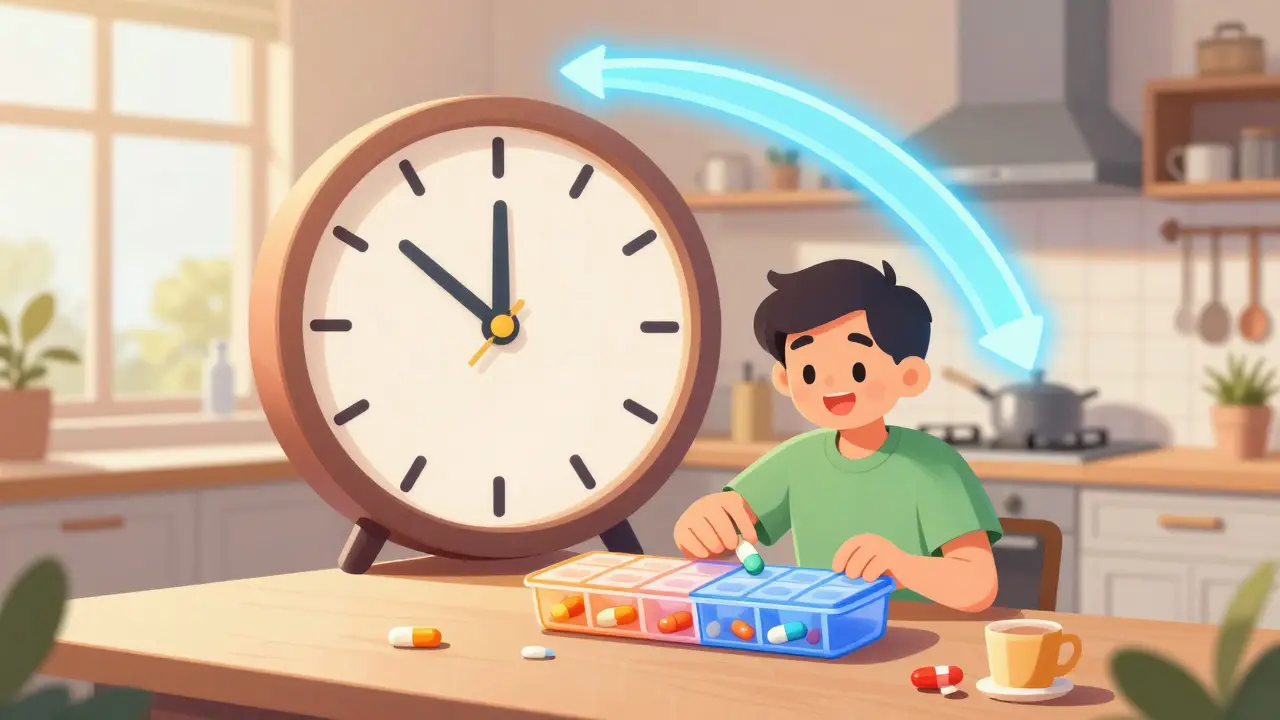 Illustration of a person using a pill organizer with a clock highlighting a time gap between doses.